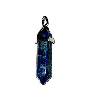 Lapis lazuli crystal point pendant. Silver tone metal. 1 1/2” total leng…